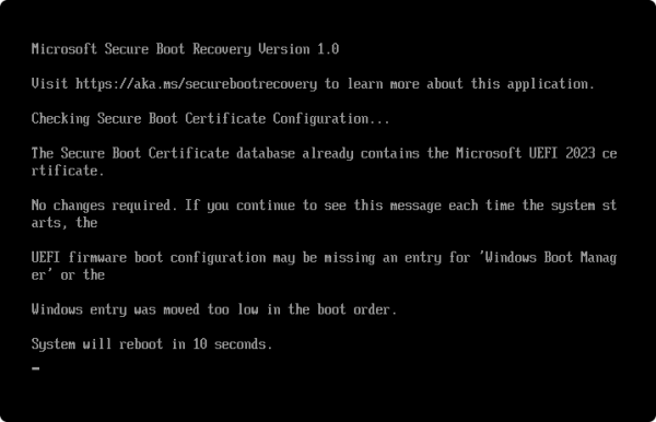 Использование SecureBootRecovery.efi для добавления Windows UEFI CA 2023 в DB