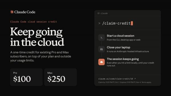 
											
							Anthropic предложила до $250 на облачные сессии Claude Code						
									
